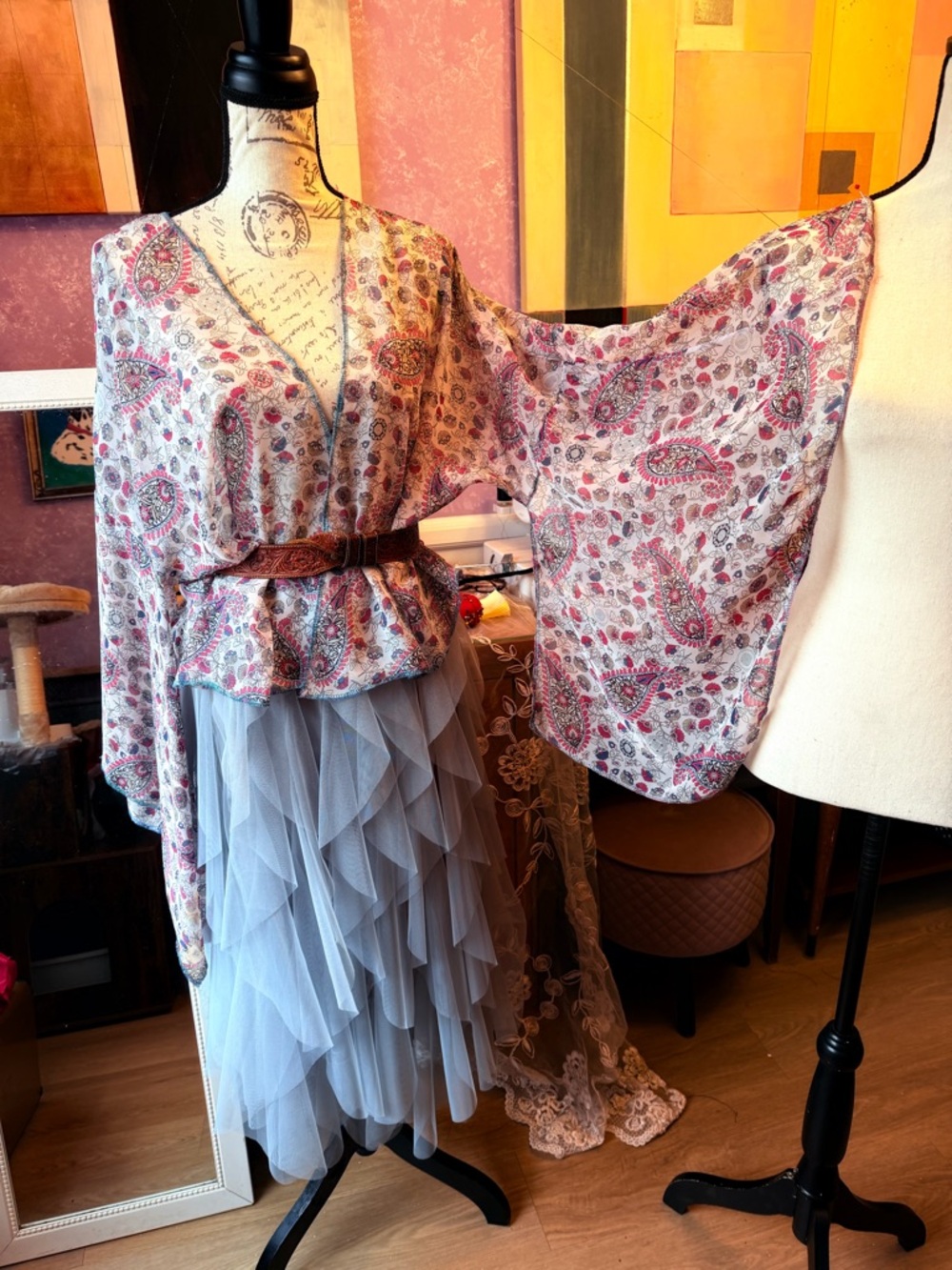 Tootsie’s Handmade Floral Paisley Kimono Style Blouse in Reds Pink and Cream